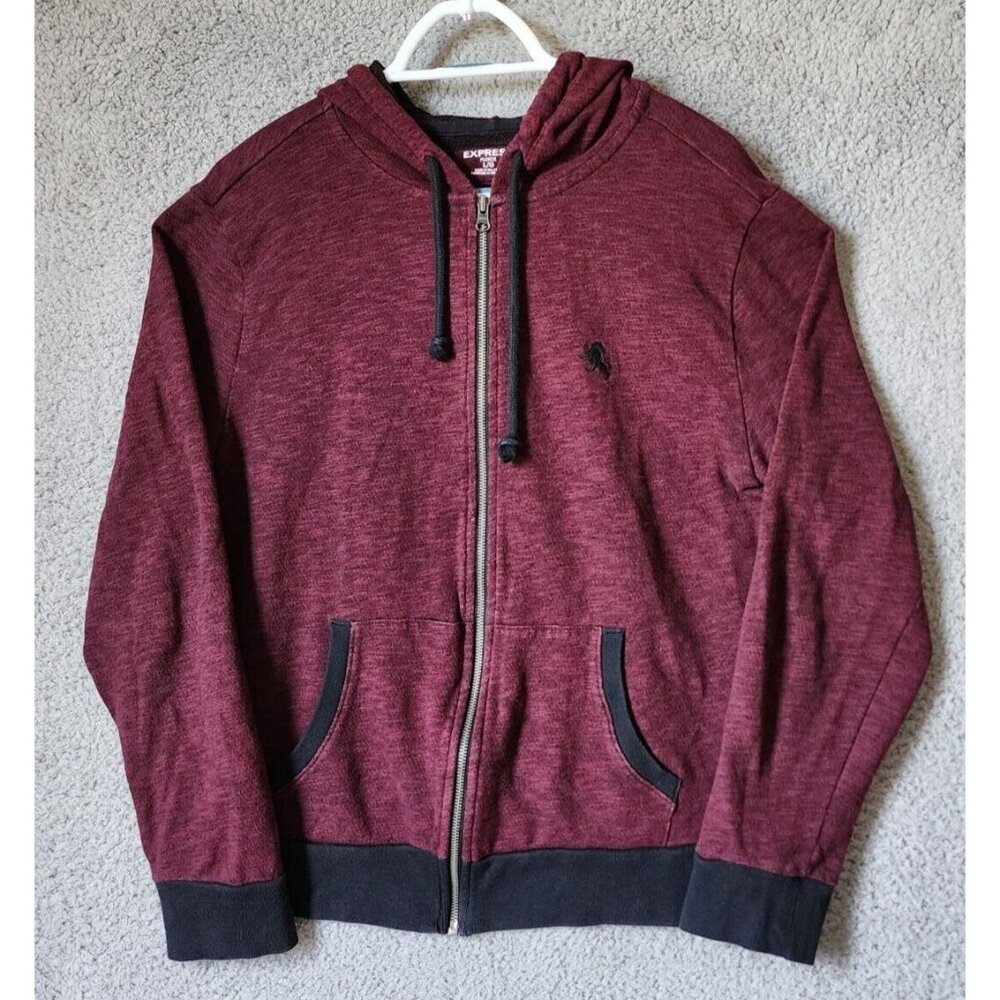 Express Heather Red Fleece Long Sleeve Full Zip Hoodie Sweatshirt Size Large